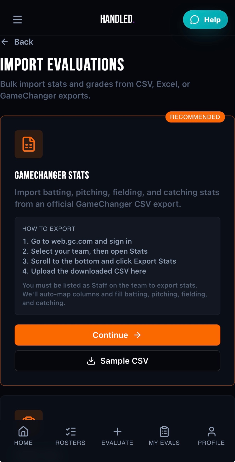 Importing evaluations from a GameChanger CSV