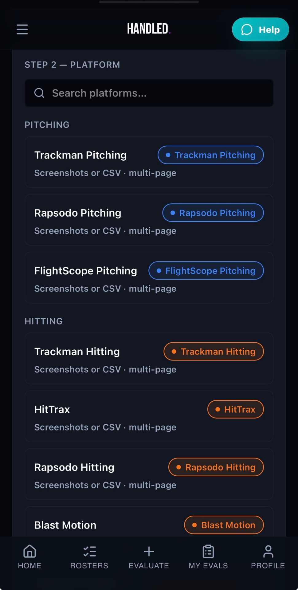 Platform picker for Trackman, Rapsodo, HitTrax, Blast Motion