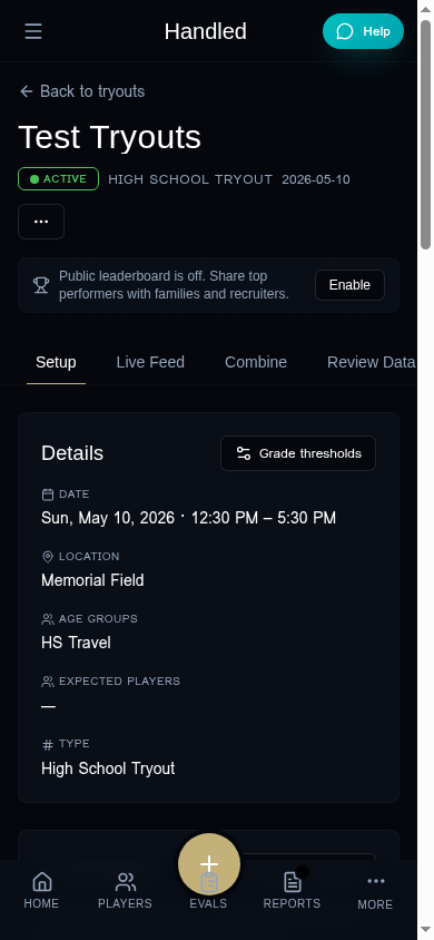 Tryout Setup tab showing date, location, age groups, and grade thresholds